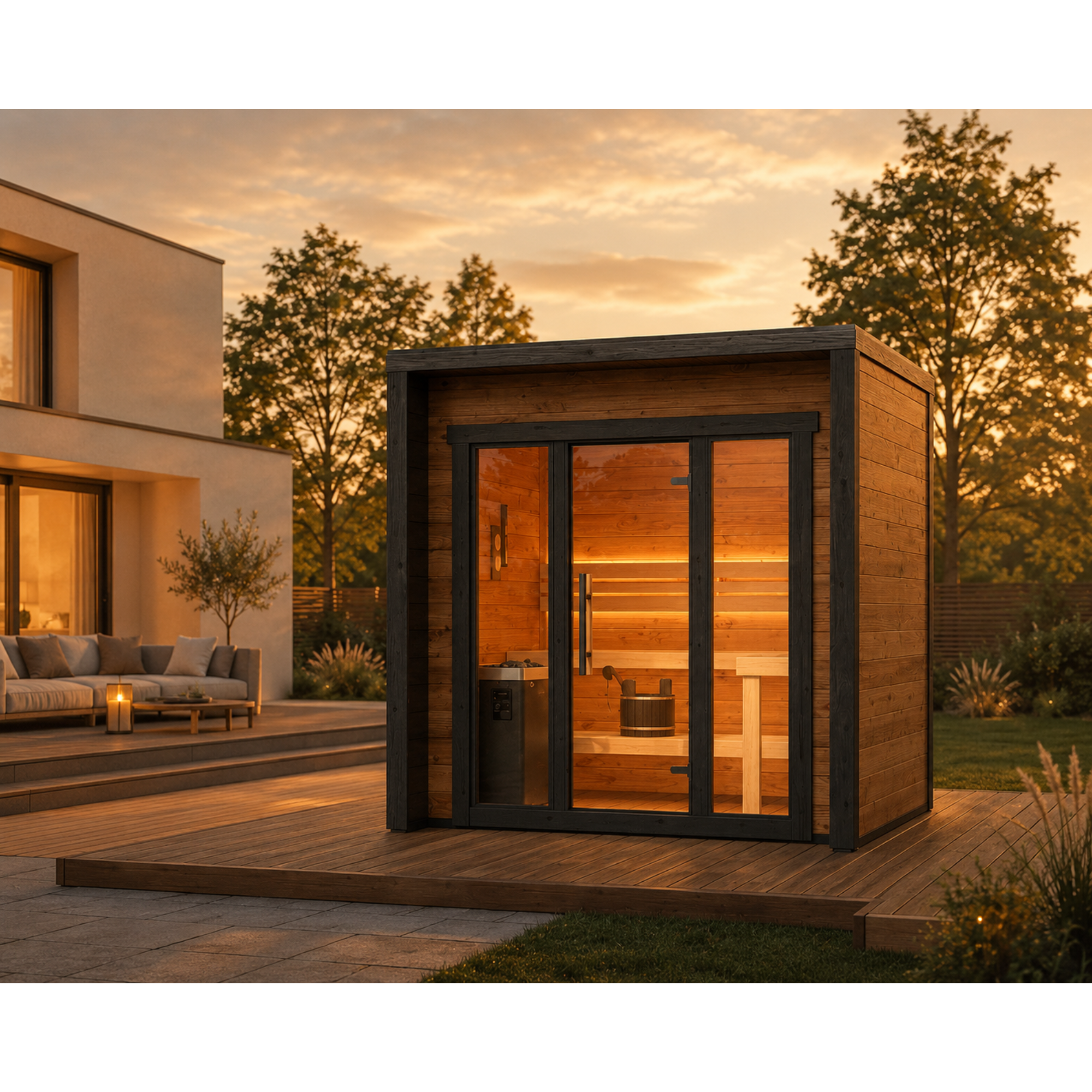 Blocksauna Essential — Premium Gartensauna mit Panorama-Glasfront