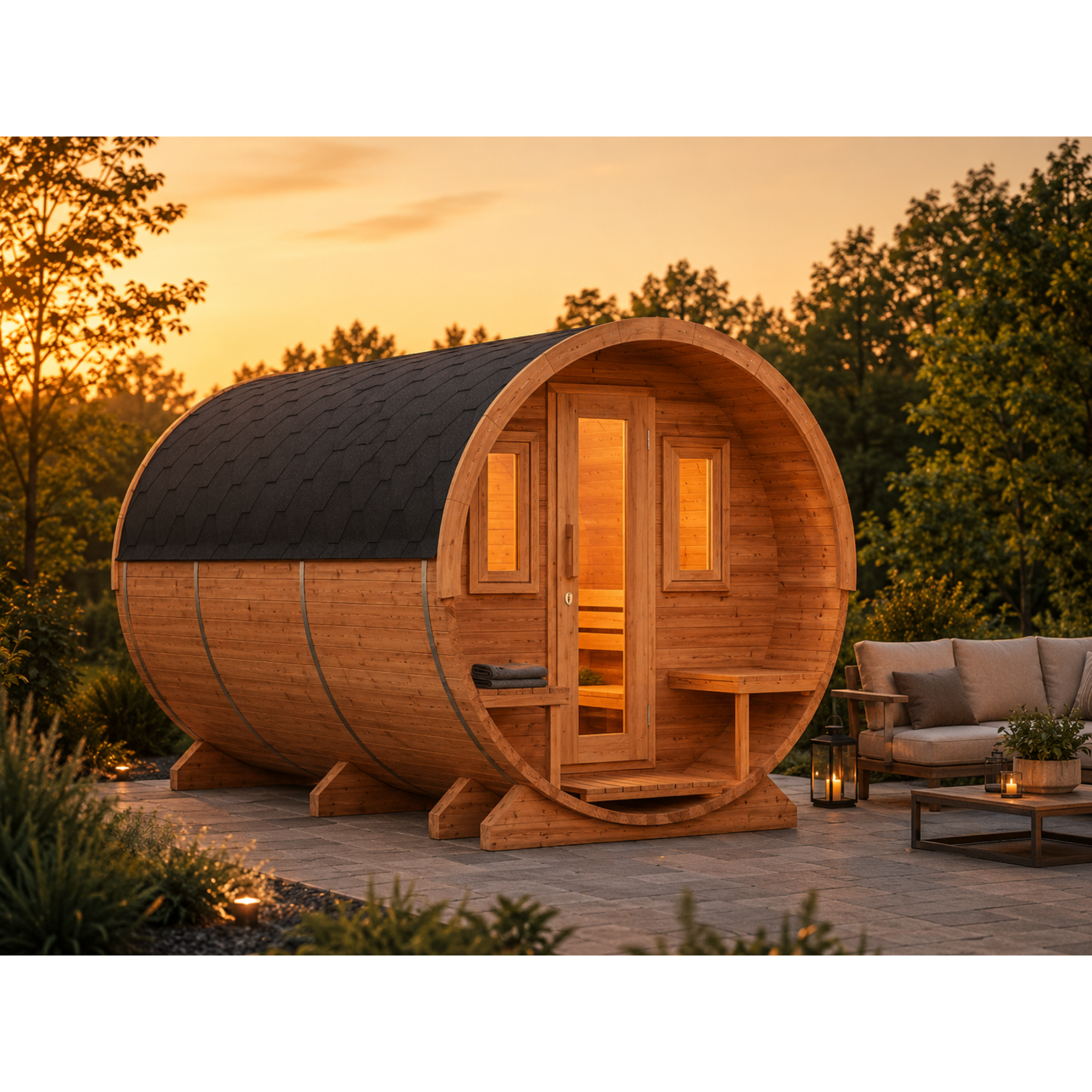 Fasssauna Elite — Luxus Gartensauna mit Vorraum & Terrasse