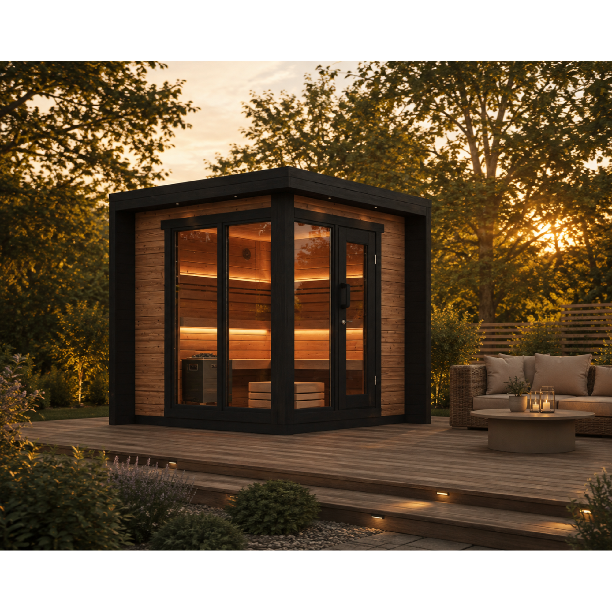 Blocksauna Pro — Massive Kubus-Sauna mit Panorama-Glasfront