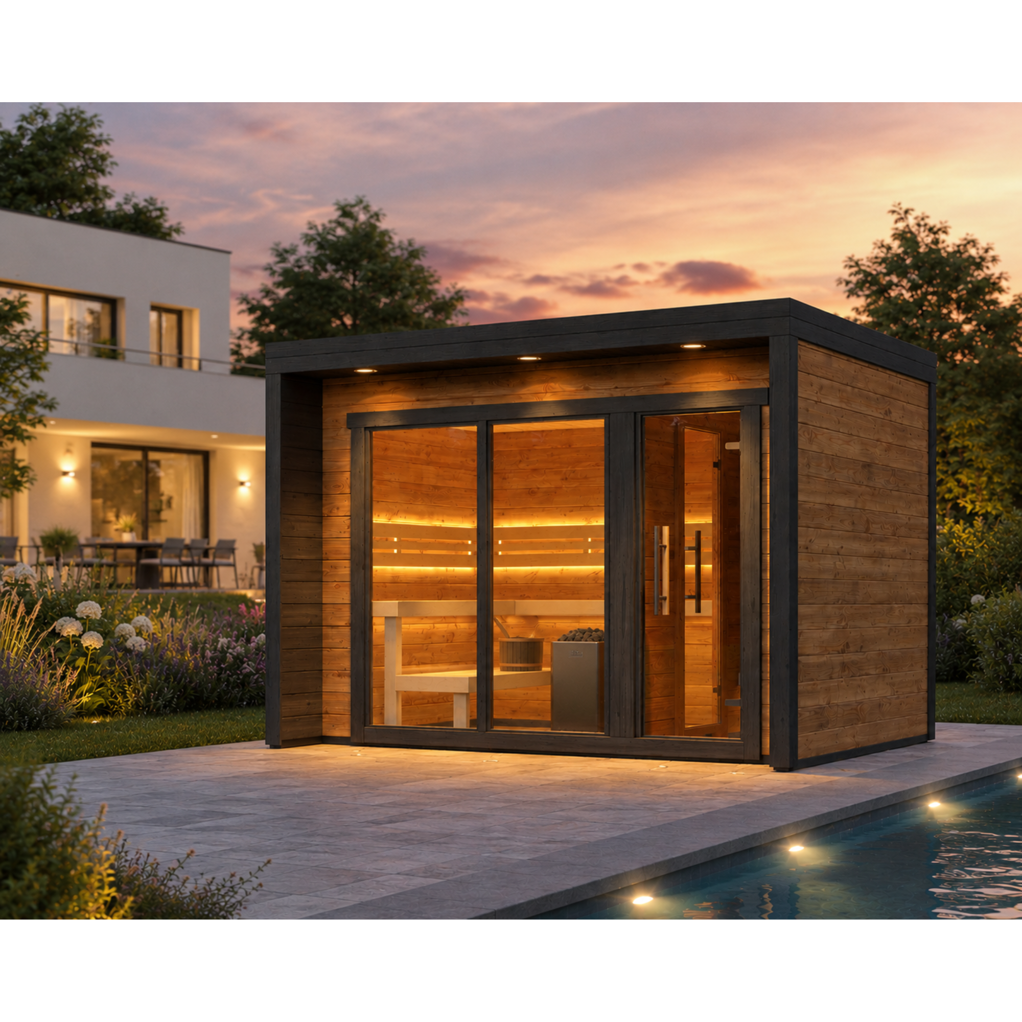 Blocksauna Elite — Premium Gartensauna mit Vorraum & Panorama-Glasfront