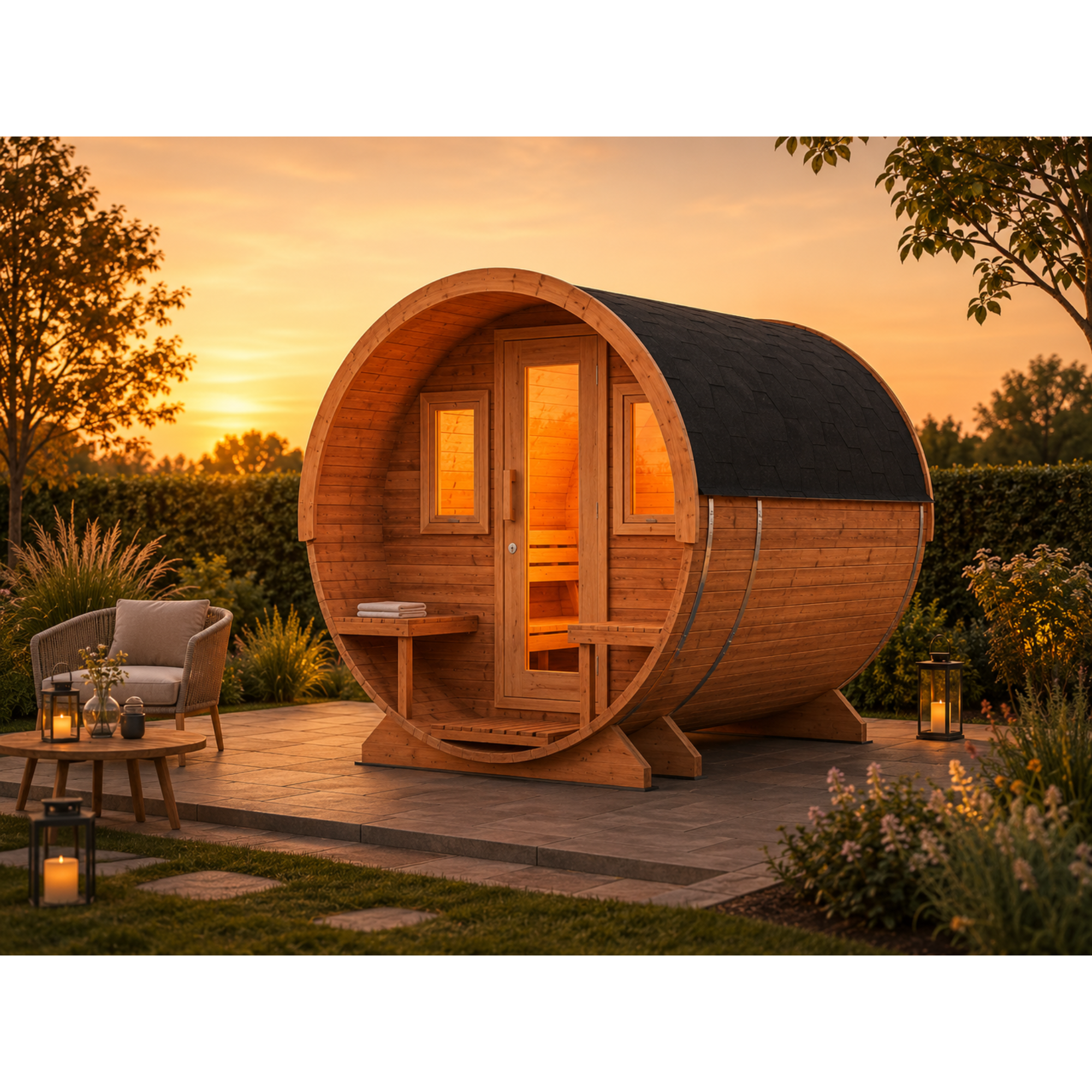 Fasssauna Pro — Premium Gartensauna mit Terrasse
