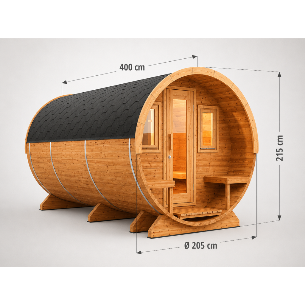 Fasssauna Elite — Luxus Gartensauna mit Vorraum & Terrasse