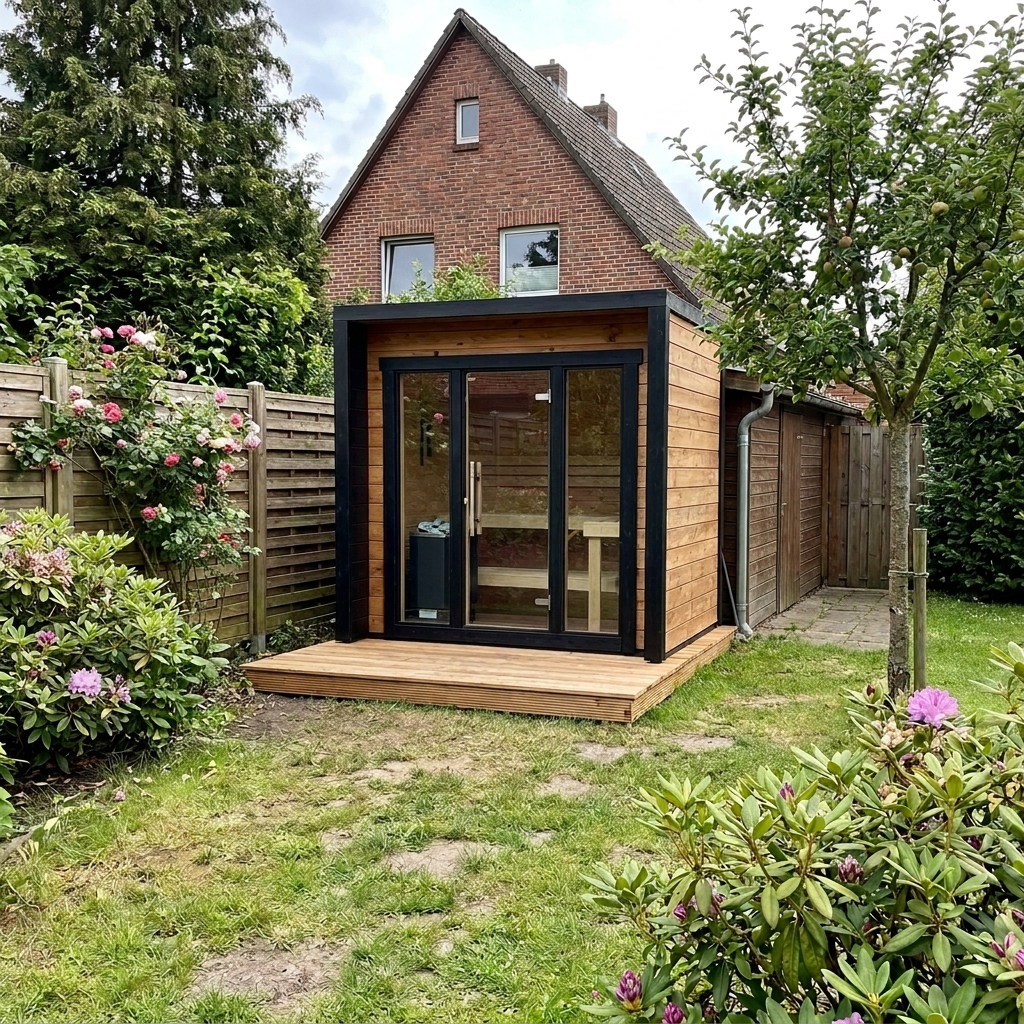 Blocksauna Essential — Premium Gartensauna mit Panorama-Glasfront