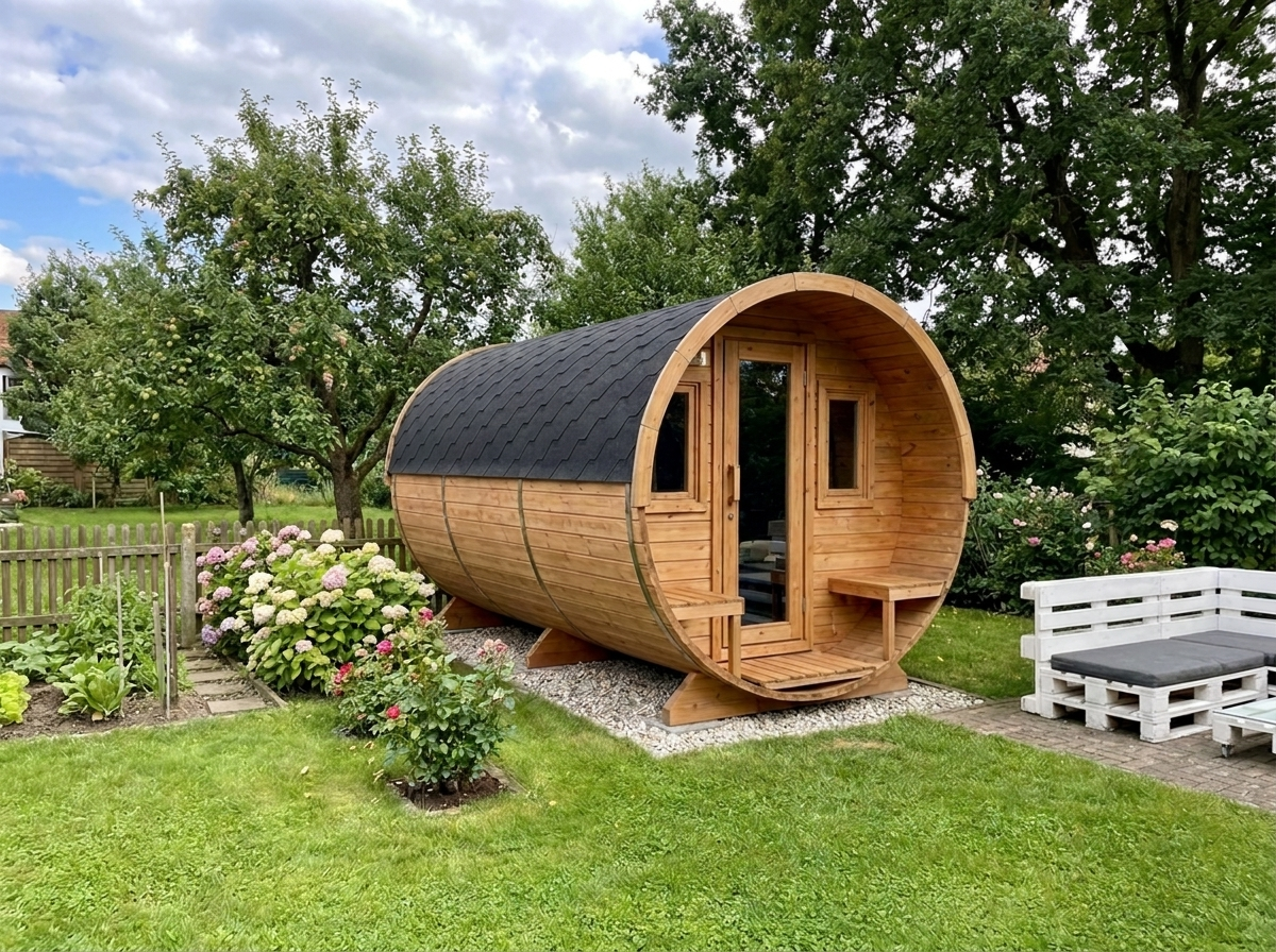 Fasssauna Elite — Luxus Gartensauna mit Vorraum & Terrasse