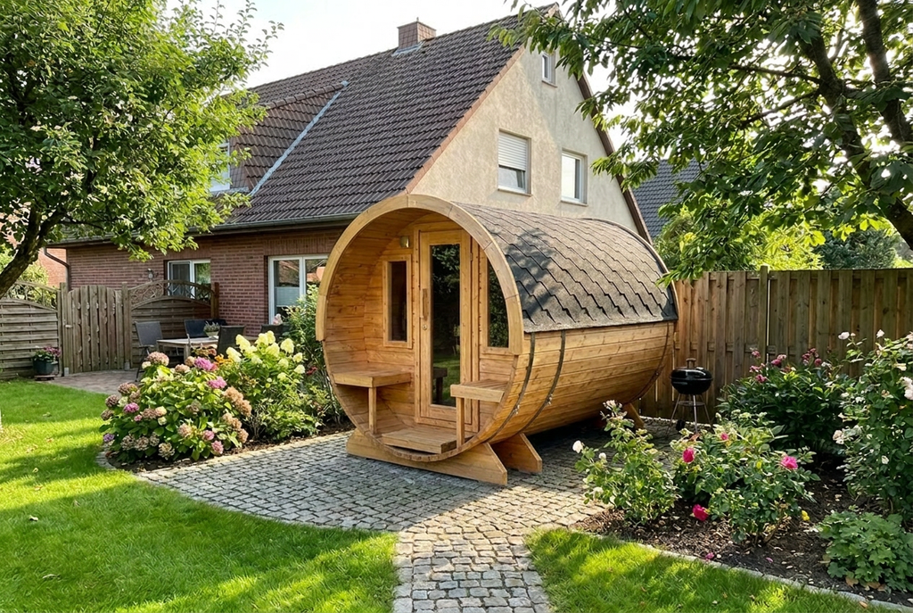 Fasssauna Essential — Premium Gartensauna mit Terrasse