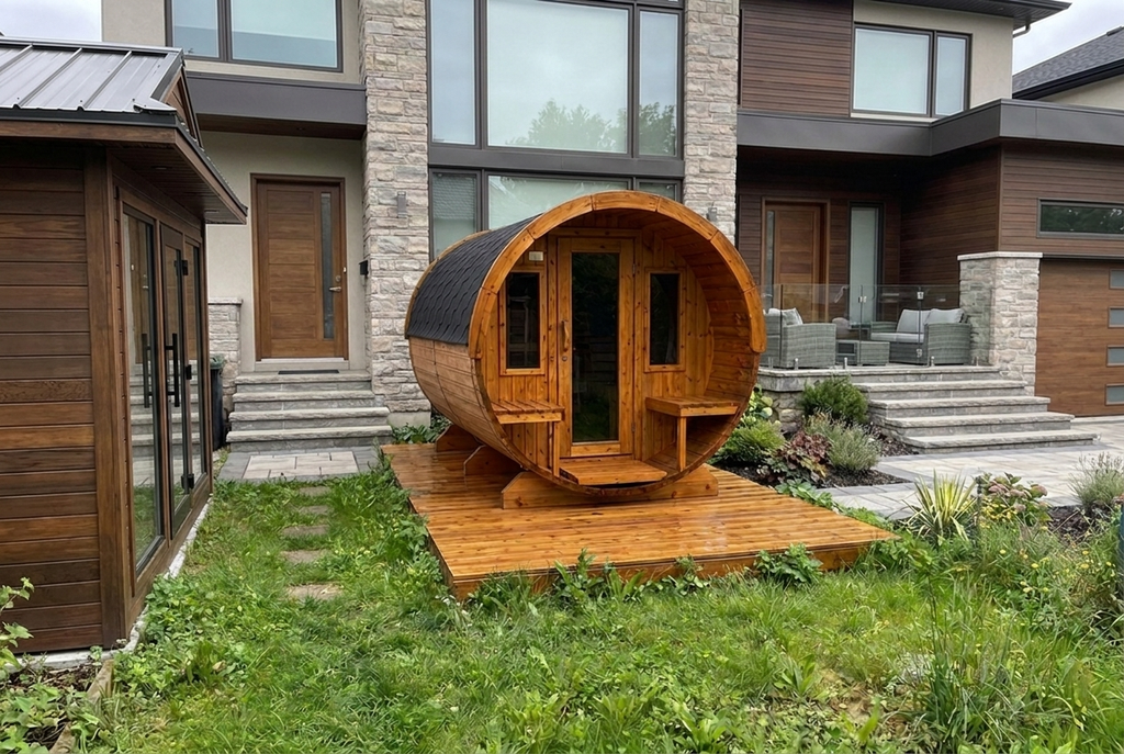 Fasssauna Elite — Luxus Gartensauna mit Vorraum & Terrasse