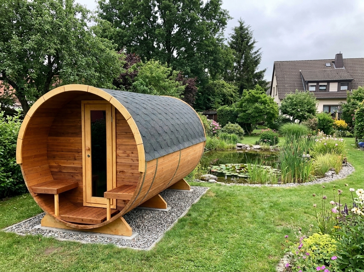 Fasssauna Elite — Luxus Gartensauna mit Vorraum & Terrasse