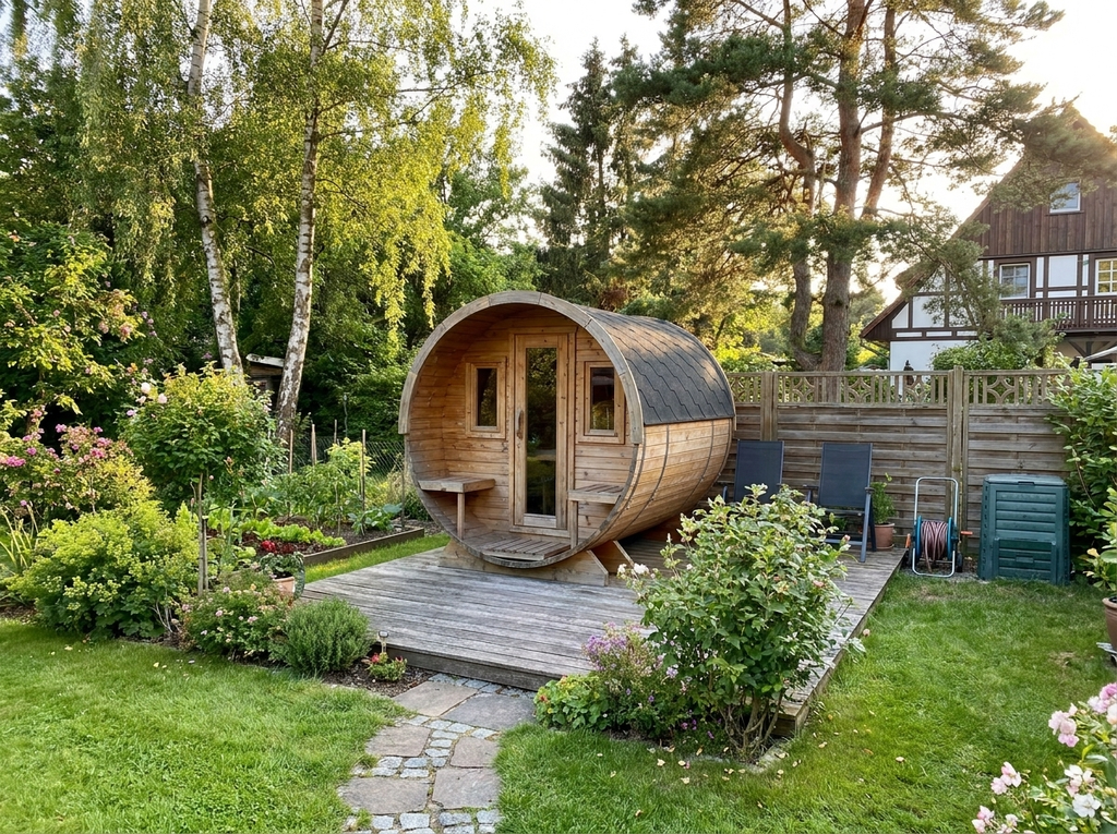 Fasssauna Essential — Premium Gartensauna mit Terrasse