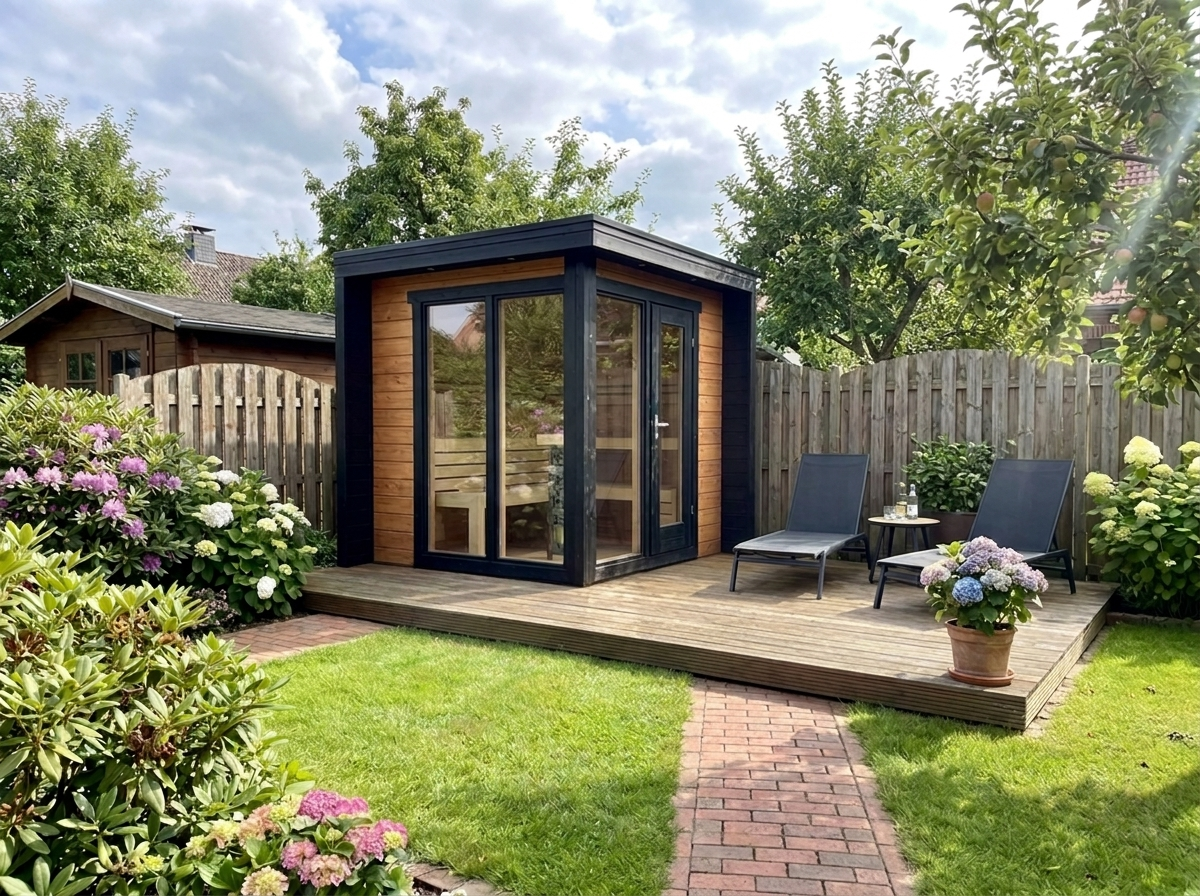 Blocksauna Pro — Massive Kubus-Sauna mit Panorama-Glasfront