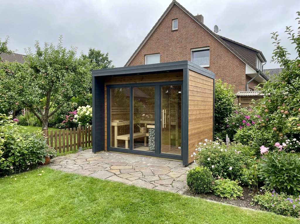 Blocksauna Elite — Premium Gartensauna mit Vorraum & Panorama-Glasfront