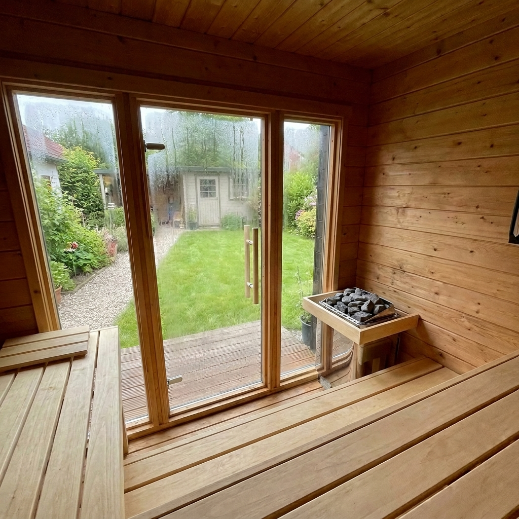 Blocksauna Essential — Premium Gartensauna mit Panorama-Glasfront